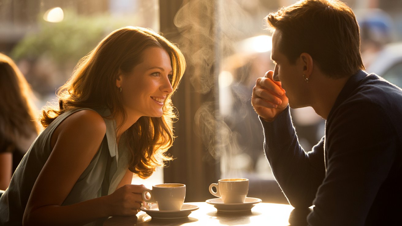 A woman and man sharing warm eye contact on a first date in a cozy café, capturing genuine chemistry and emotional connection.