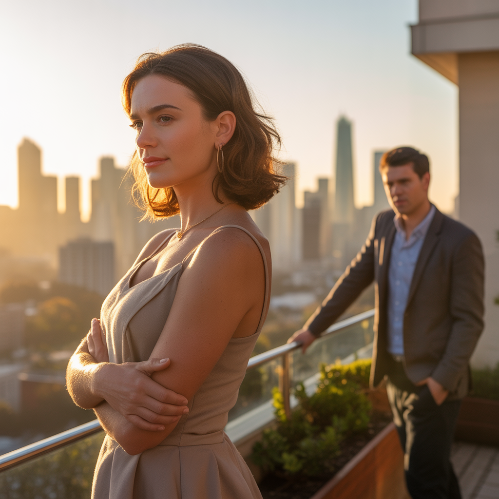 A confident woman standing on a balcony at golden hour, radiating calm feminine energy that attracts emotionally available men over 35 — symbolizing the magnetic shift from chasing to being chosen.
