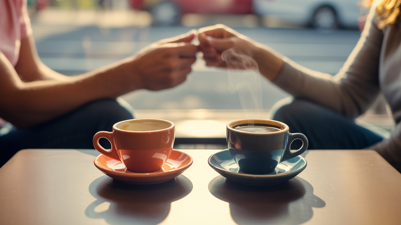Two coffee cups on a café table, one untouched and going cold — symbolizing emotional distance and fading romantic interest.