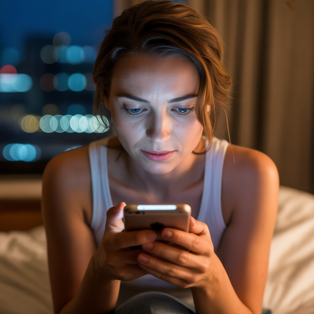 Woman sitting on her bed at night, holding her phone with a soft glow on her face, hesitating before sending a text that could make him fall in love — intimate cinematic lighting symbolizing emotional connection and vulnerability.