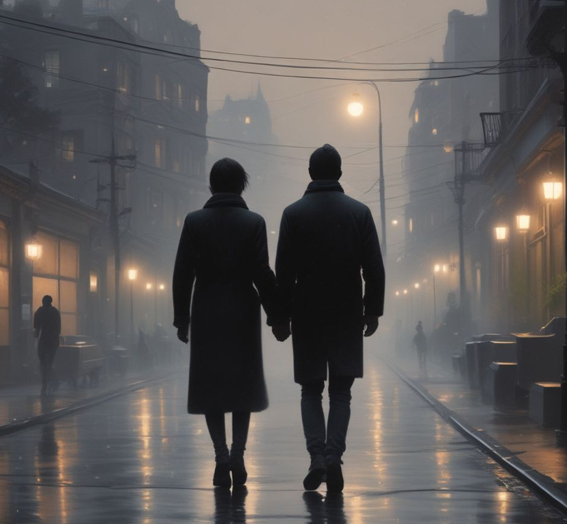 A cinematic shot of two friends walking side by side at dusk, their hands almost touching — capturing the tender moment when friendship begins turning into love.
