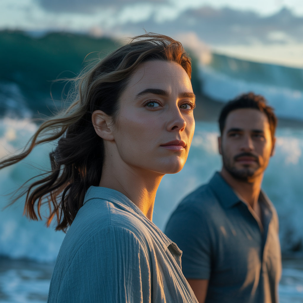 A confident woman standing calmly as waves crash behind her, symbolizing emotional safety, self-trust, and the feminine mindset men secretly find irresistible.