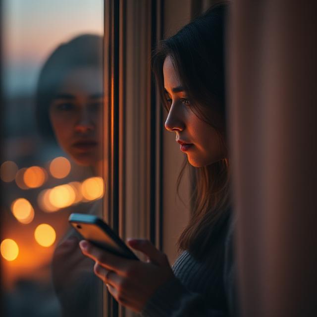 A woman standing near a softly lit window at dusk, holding her phone with a mix of longing and strength — symbolizing emotional distance, connection, and the moment when he pulls away but still reaches out.
