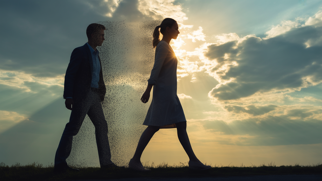 A confident woman walking away from a fading silhouette of a man, symbolizing emotional healing, self-worth, and moving on after being ghosted.
