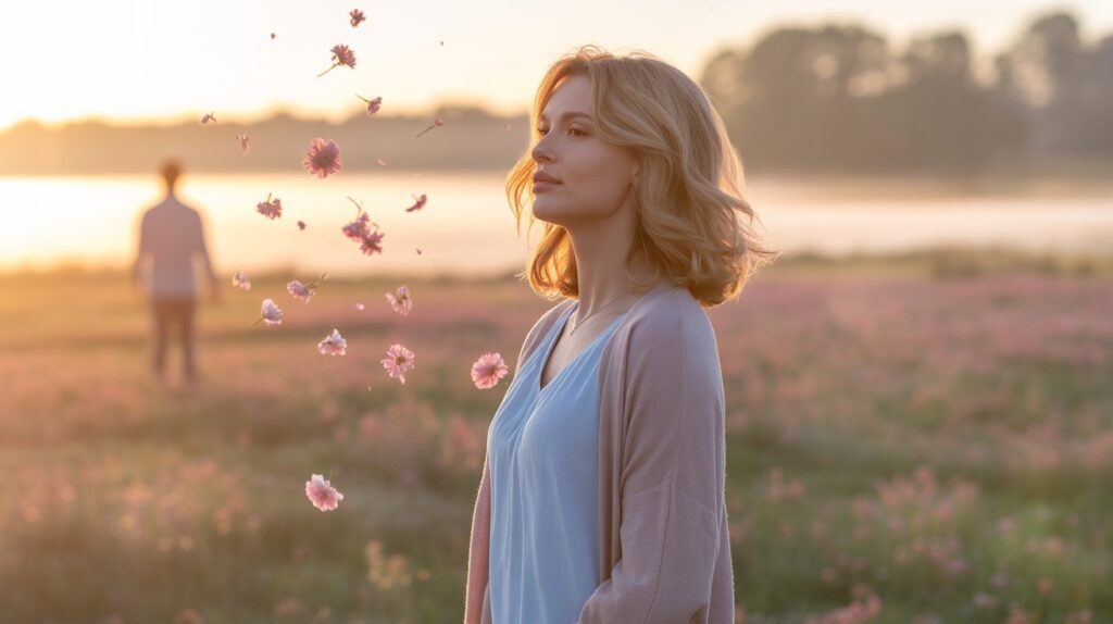 A woman standing in a sunrise field, symbolizing self-worth and emotional rebirth — the moment she makes him realize her worth.
