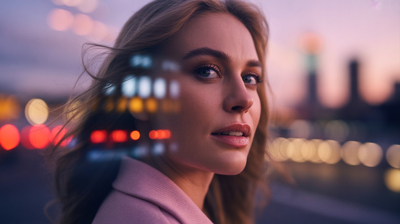 A woman softly smiling at her phone, city lights glowing behind her — capturing feminine energy, emotional confidence, and mystery that draws him closer.