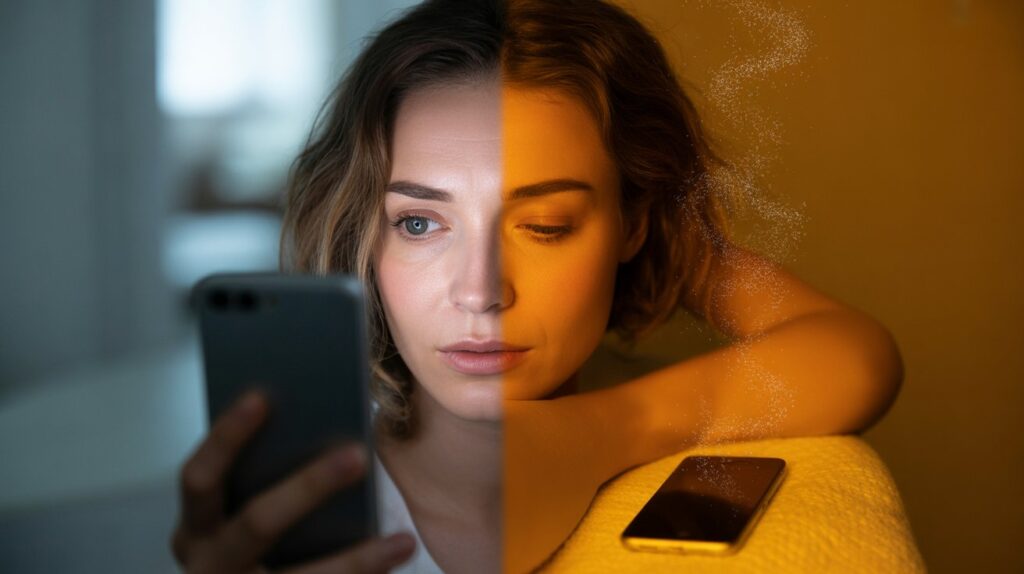 Split-contrast portrait of a woman transforming from anxious waiting to radiant self-assurance.