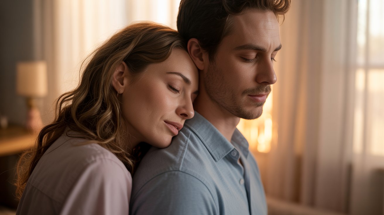 A woman rests her head on her partner’s chest after an argument, sunlight glowing softly through curtains — symbolizing emotional healing and deeper connection in love.