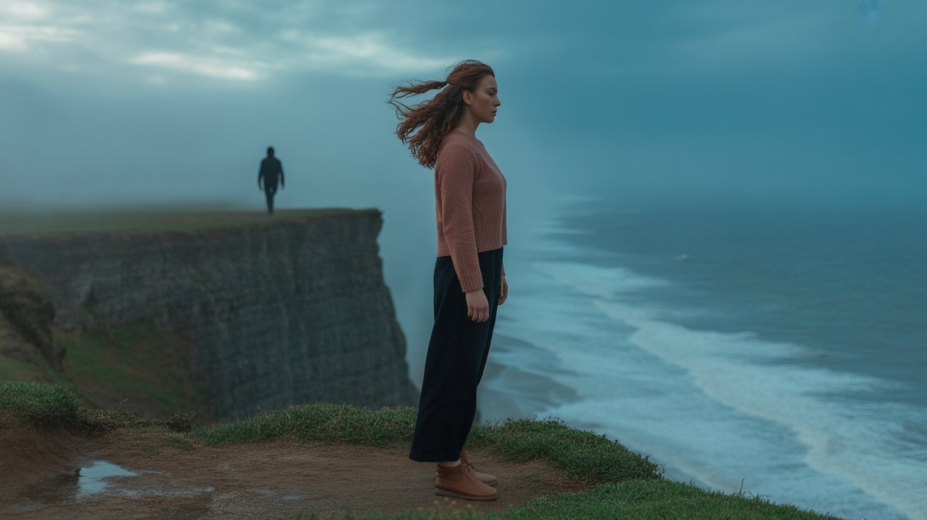 woman standing on a cliff overlooking ocean, calm and strong as man fades into mist — symbol of feminine emotional power