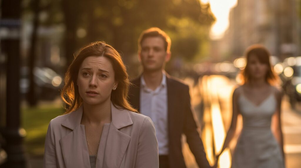 Husband looking at another woman while walking with his wife, capturing the subtle moment of hurt and confusion.