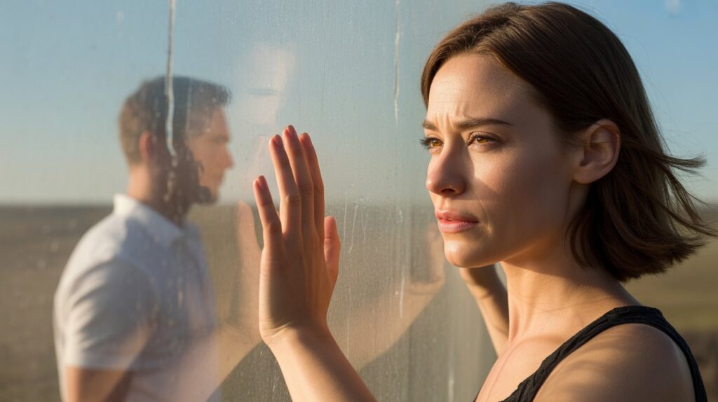 Woman standing in front of a semi-transparent wall, hand pressed forward, sunlight casting long shadows, symbolizing emotional distance and why he won’t talk about the future.